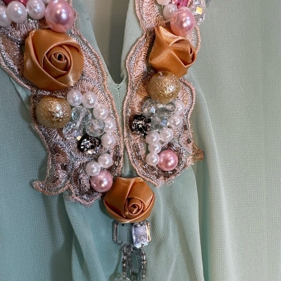 Queenora Womens Blouse Kaftan Lime Green Embedded Beads Ribbon Tunic Tunic Sz L - Picture 7 of 16